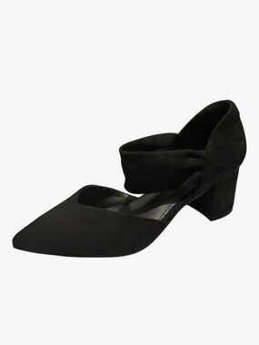 Classic Black Pointed Toe Block Heel Pumps with Ankle Wrap